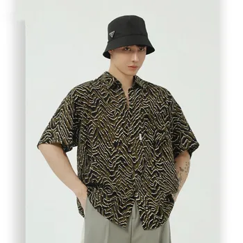 

Men Summer Stripe Print Casual Short Sleeve Shirts Streetwear Male Vintage Fashion Hip Hop Thin Loose Beach Shirts
