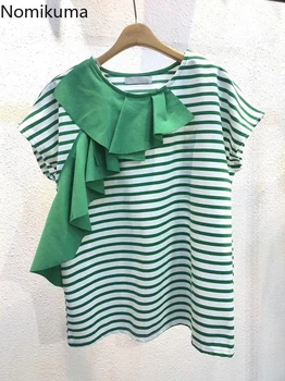 

Nomikuma Striped Women t shirt Short Sleeve O-neck Ruffle Patchwork T-shirts 2020 Summer Korean Causal Tee Femme Tops 6A598