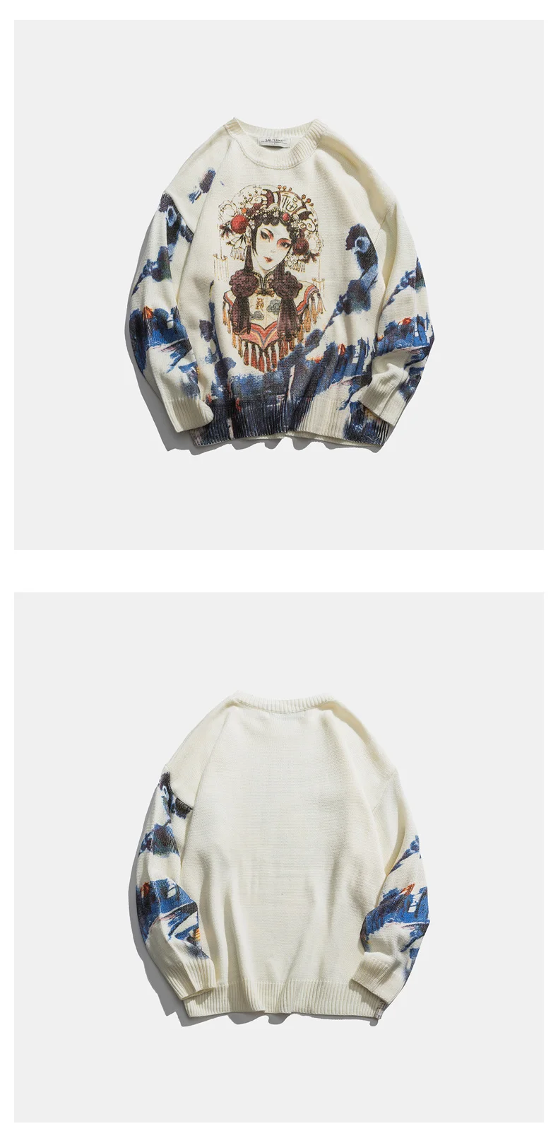 ZAZOMDE Casual Men Sweater O neck Beijing Opera Pattern Pullovers  Knittwear Autumn Sweaters Mens Loose Pullovers Men
