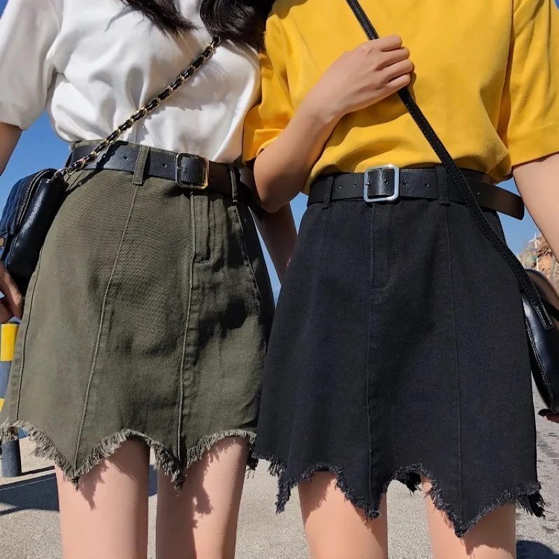 Модная Джинсовая юбка с неровным необработанным подолом размера плюс 3XL 4XL для молодых девушек женские юбки Летние черные армейские юбки-карандаш с карманами