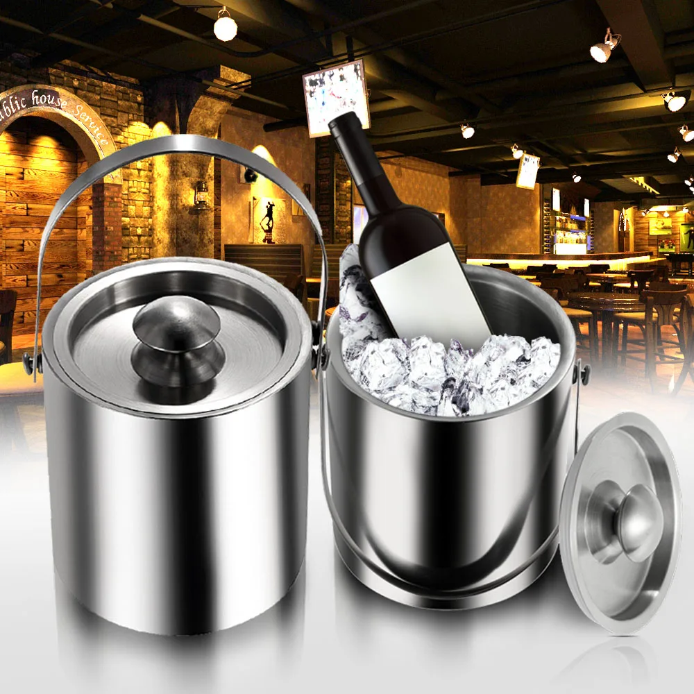 

3L Bilayer Stainless Steel Insulation Ice Bucket Wine Cold Barrel Wine Utensils Ice Buckets with Lid and Portable Handle
