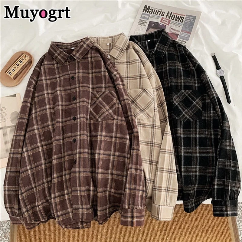 Muyogrt Women Shirt Plaid Oversized Brown Top Turn-down Collar Leisure Fashion Loose All-match Long Sleeves Soft Chic Korean Top