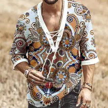 

V Neck Shirt Loose Top T-shirt Tops Casual Fashion Men Tees Half Sleeve Floral Print Chest Lace-up Male