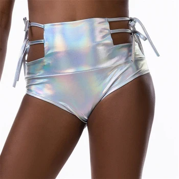 

Bling Hologram Wet Look Patent Leather Bandage Bikini Bottom Sexy Tight High Waist Plus Size Swim Suit Women Sports Beachwear