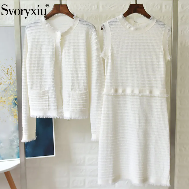 

Svoryxiu Designer Autumn High End wool Sweater Skirt Suit Women's Long Sleeve Cardigan Coat + Tank Dress Knitting Two Piece Set