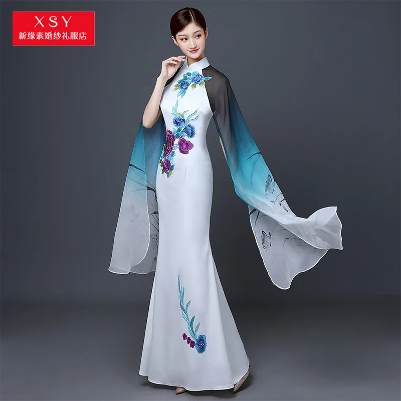 

New Style White Long White Silk Sleeves Embroidery Slim Fit Dress Long Fishtail Elegant Embroidery Costume