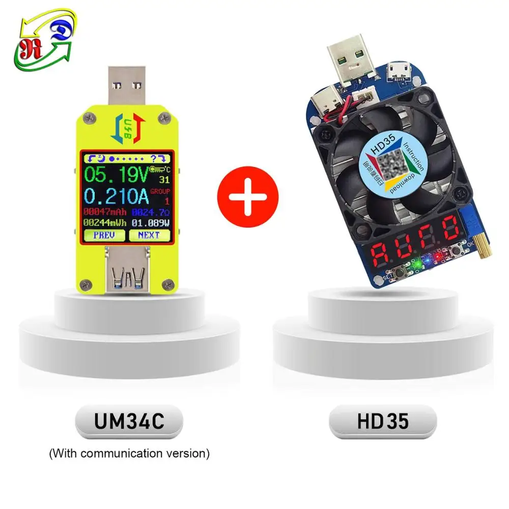 RD UM34 UM34C для USB приложение 3,0 Тип-C DC Вольтметр Амперметр Напряжение измеритель тока, для батареи зарядки измерения Кабельный тестер сопротивления - Цвет: UM34C and HD35