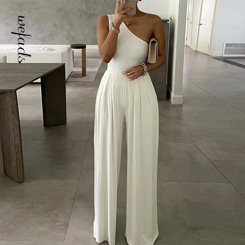 Wefads Women Jumpsuit Summer Sexy One Shoulder Bodysuit Bodycon Romper 2021 Elegant Office Soild Sleeveless pink sweat suits