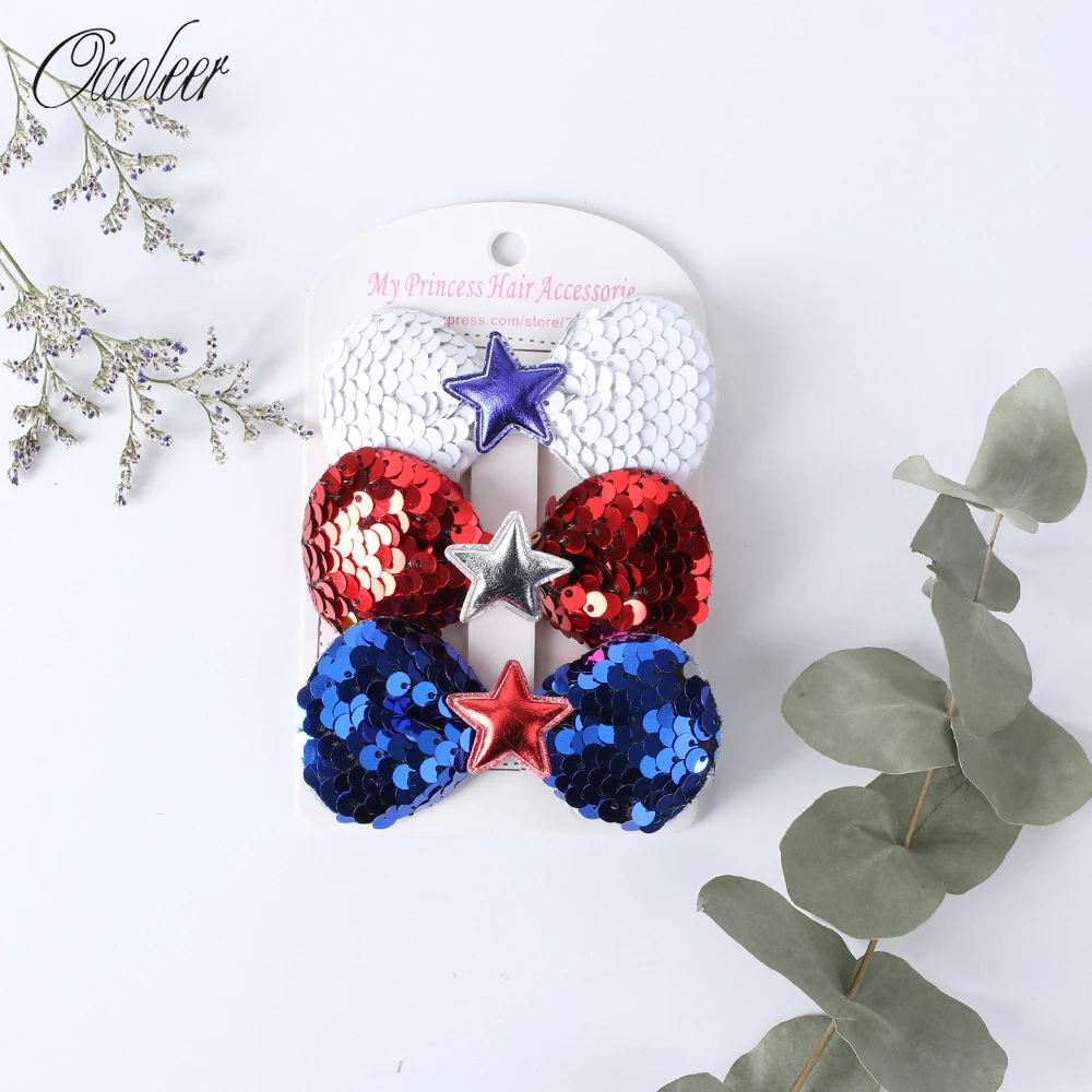 

3Pcs/set Hair Accessories 3inch Independence Day Hair Bows for Girls Glitter Sequin Hairbows Festival Headwear