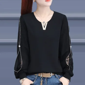 

XUXI 2020 T-shirt Women's Long Sleeve Loose Show Vogue Thin Mesh Splicing Autumn Bottoming Summer Top Trend FZ1156