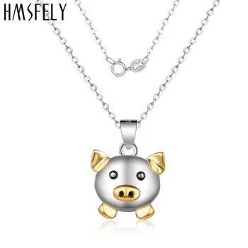 

HMSFELY 925 Real Sterling Silver Gold Pig Pendant Necklace Animal Dangles For Necklace Female Jewelry Chains 40cm