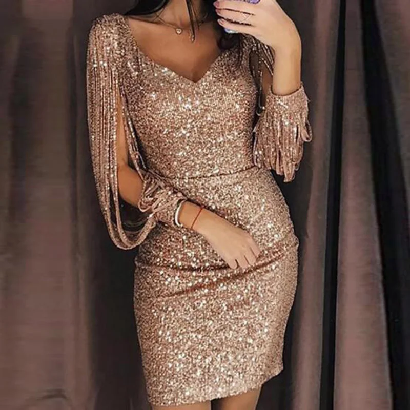 

NBP002 Sexy Sequins Short Prom Dresses 2019 Long Sleeves Mini V Neck Cheap Prom Gowns Bling Custom Made Girls Party Dress