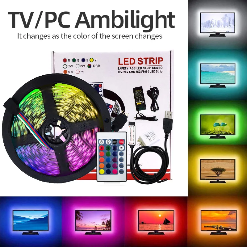 

5050RGB Light With USB5V Colorful TV Background Decoration Light Strip 24 / 44 Key Remote Control Set