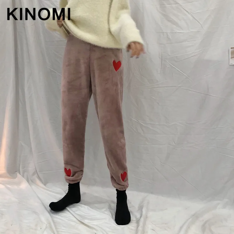 KINOMI зимние утепленные женские штаны-шаровары с эластичной резинкой на талии и вышивкой в Корейском стиле, женские повседневные свободные штаны, новинка