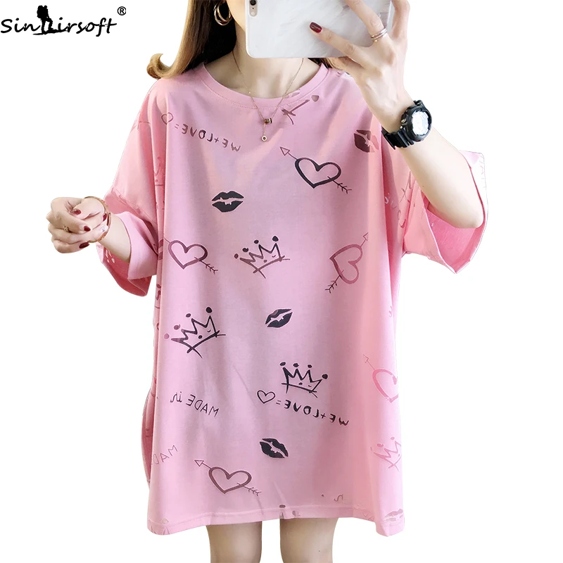 Women's Summer New Loose Graffiti Printed Sleeve Short T-shirt Woman Fashion Casual Wild Long Undershirt Women | Женская одежда