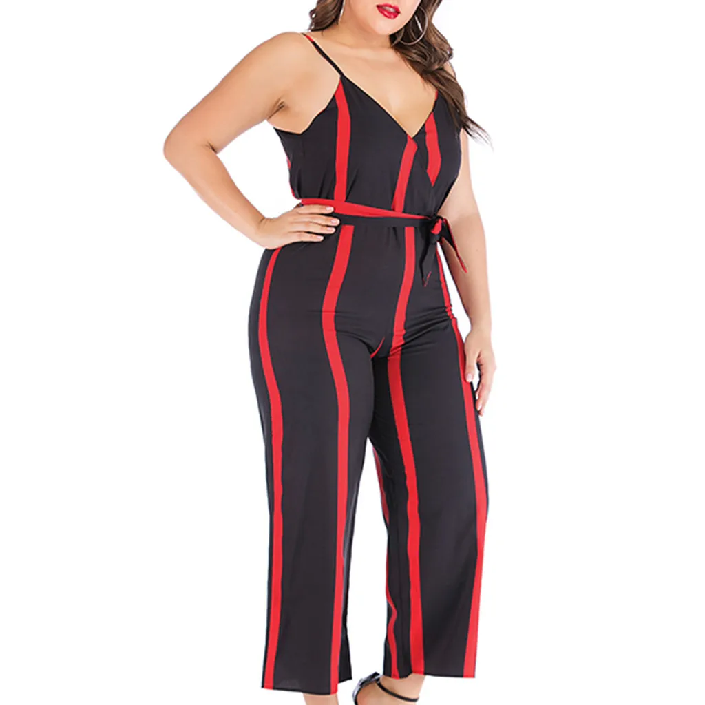 jumpsuits for women Plus Size Striped Print Sleeveless V-Neck Casual Rompers Jumpsuit barboteuses femmes combinaison#XB15