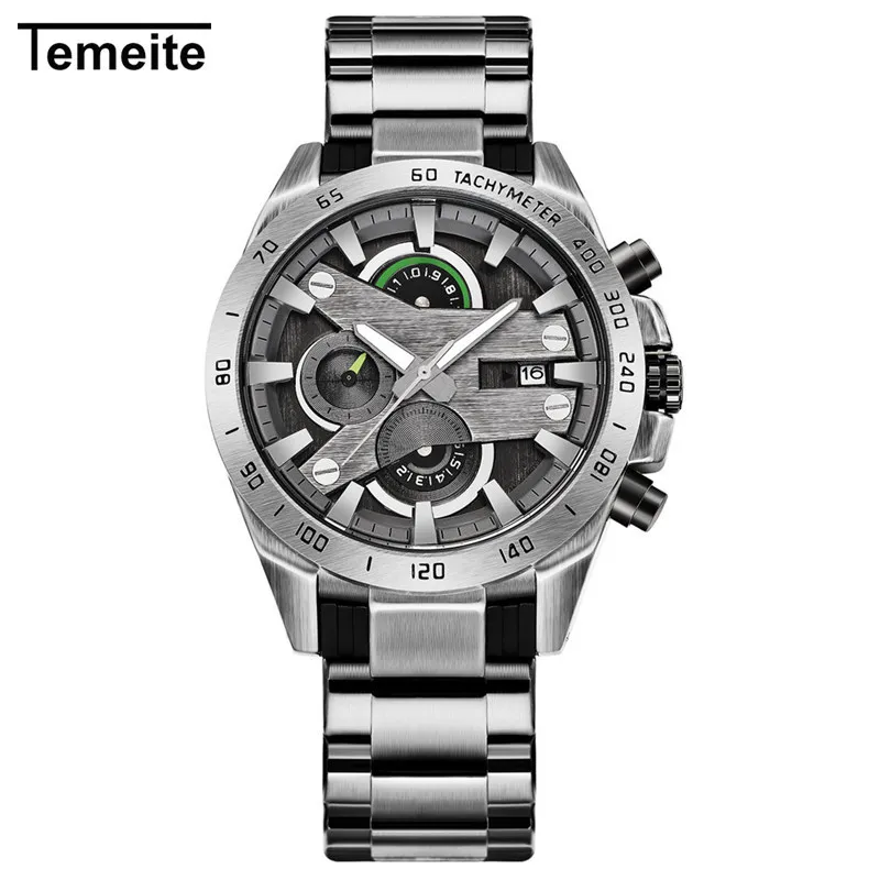 silver green Temeite военные часы для мужчин нержавеющая сталь мужские s часы лучший бренд класса люкс водонепроницаемые кварцевые наручные часы мужской хронограф Relogio - Цвет: silver green