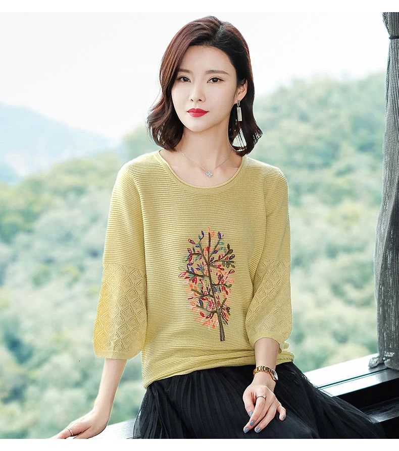 Autumn And Winter new Casual Thin Embroidery O-Neck Tops Women fashion Knitted Pullovers Sweater Women's clothing