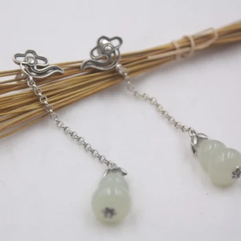 

Real S925 Silver Earrings Women's Hetian Jade Gourd Cloud Pattern Earrings Hook 54mmL