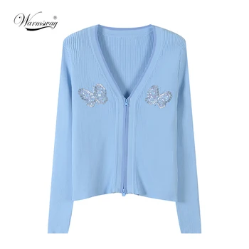 

Women's Zipper Knitted Cardigan 2020 Autumn Clothings Fashion Sexy V neck Long Sleeve Slim Knit Shirt Crop Top Knitwear B-133
