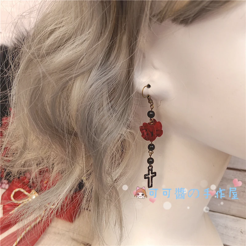 Ear Clips Японская ручная работа темно-Готическая розовая заколка для волос Хэллоуин Лолита жесткий головной убор для девочек панк кружевная заколка для волос KC Заколка-шляпка украшения для волос Косплей - Цвет: Ear Clips