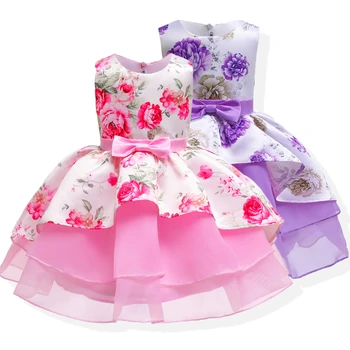 

2020 New Princess Party Wedding Dress For Girls Dress Fluffy Cake Dress Flower Bow Pink Purple Kids Clothes Dresses Vestido