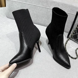 Women's Mid-tube Boots Pointed Toe Stiletto High Heels Knitted Mid-tube Boots Non-slip Comfortable Casual Boots Socks Boots