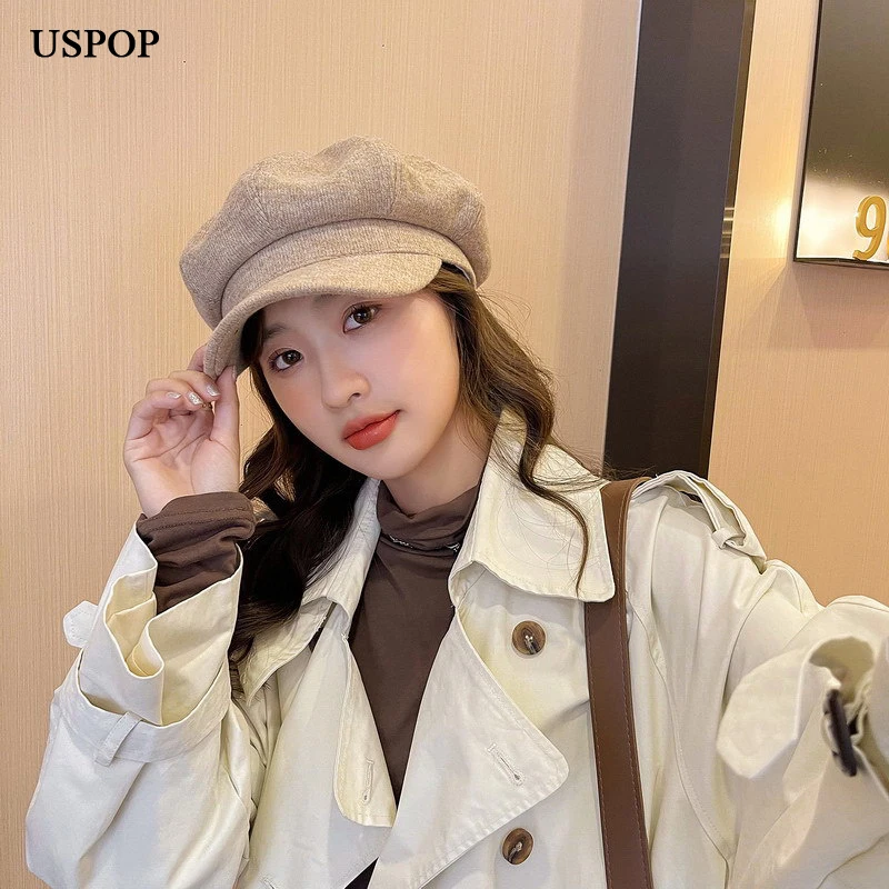 

USPOP 2021 Women's Autumn Hats Soft Solid Color Octagonal Hats Female Winter Hats