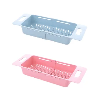 

2 Pcs Set Adjustable Sink Dish Drying Rack Kitchen Organizer Plastic Sink Drain Basket Vegetable Fruit Holder Storage Rack Pink