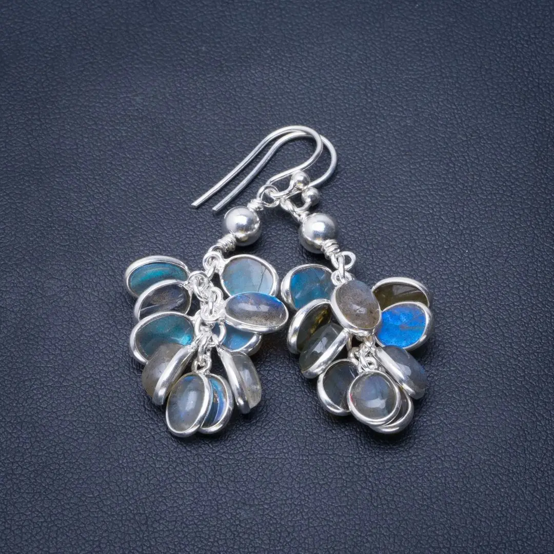 

Natural Blue Fire Labradorite Handmade Unique 925 Sterling Silver Earrings 1.75" B2104