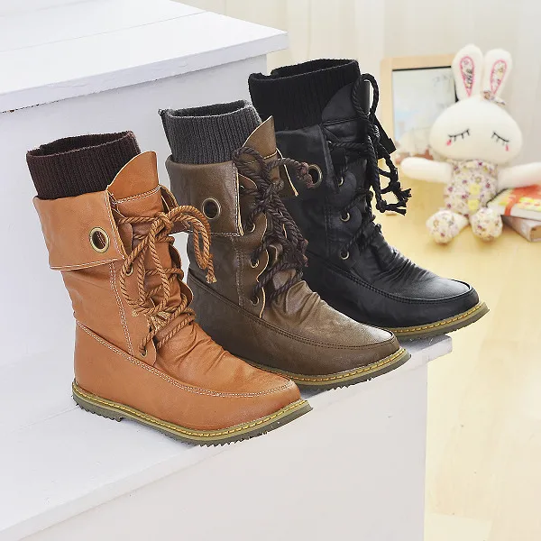 

Large Size Autumn And Winter Flat Lace-up Tube Boots Fashion WOMEN'S Shoes luo ma xue Locomotive Women's Boots WOMEN'S Shoes Sno