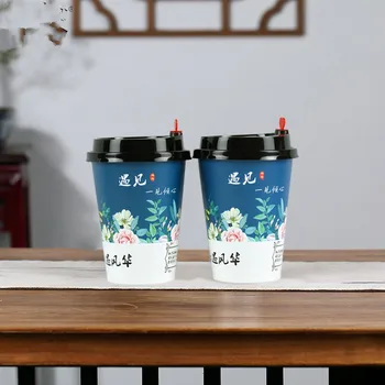 

50pcs High quality retro disposable coffee cup 400ml birthday party favors flower dark blue drinking paper cup with red love lid