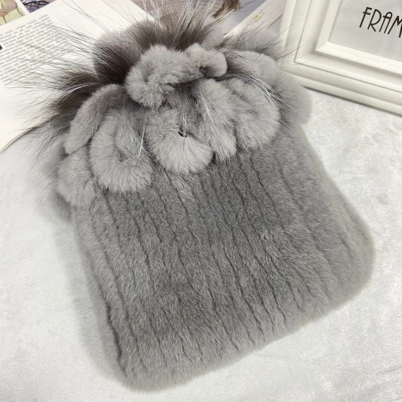 Russian Winter Real Fur Hat Hot Sale Natural Rex Rabbit Fur Warm Cap Ladies Knitted 100% Geunine Fur Hats 6