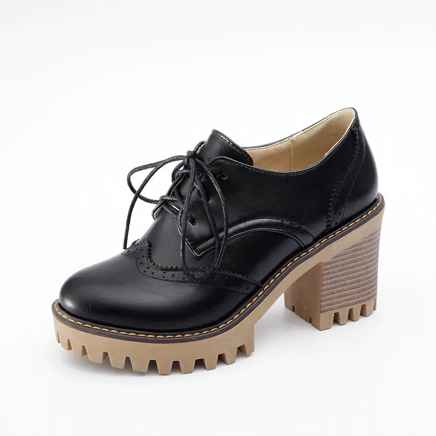 

2020 Women Pumps Handmade Square High Heel Platform Lace Up PU Leather Black Round Toe Fashion Ladies Shoes Size 34-43