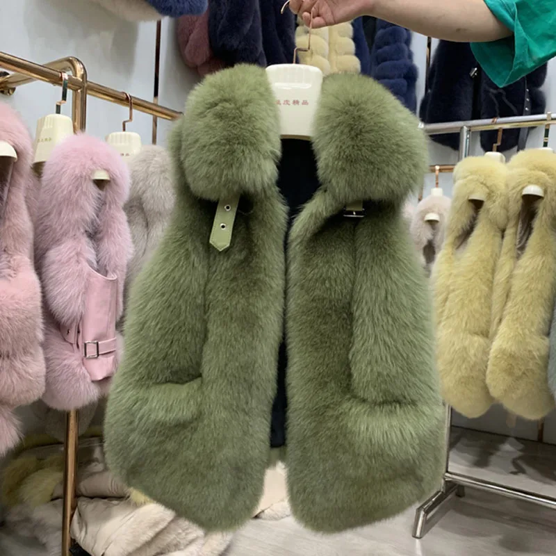 Зеленый Короткий теплый зимний жилет из натурального Лисьего меха Модный женский жилет без рукавов из натурального меха горячая Распродажа короткий женский жилет - Цвет: Зеленый