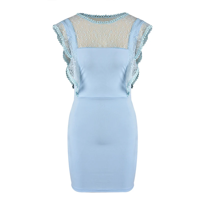 Light Blue Для женщин сексуальное кружевное платье в стиле пэчворк с круглым вырезом платье с открытой спиной и короткими рукавами светло-синее мини-платье элегантные обтягивающие женские Повседневная обувь, обувь для вечеринок SJ4095M - Цвет: Light Blue