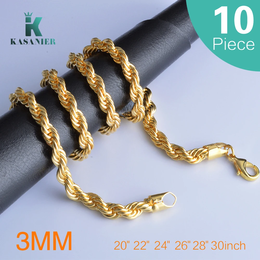 

10PCS 3MM Wide 20inch-30inch Gold Braided Rope Chains Woman Long Sweater Chain Jewelry Color Guarantee Necklace KASANIER