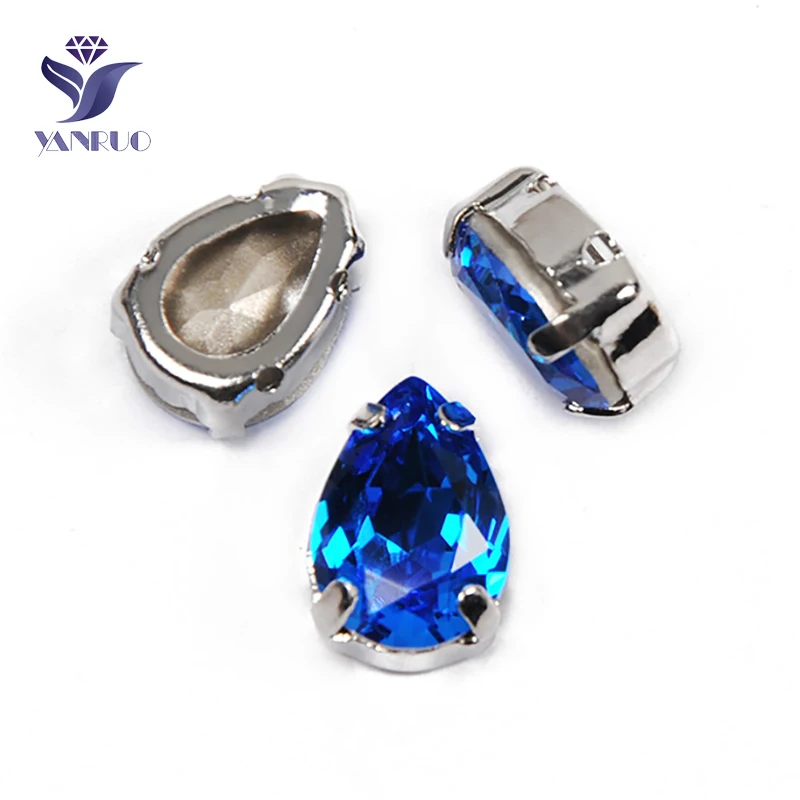 YANRUO 4320 All Sizes Capri Blue Drop Glass Stones Point Back Strass Crystal Applique Sewing Rhinestones For Clothing - Цвет: With Silver Claw