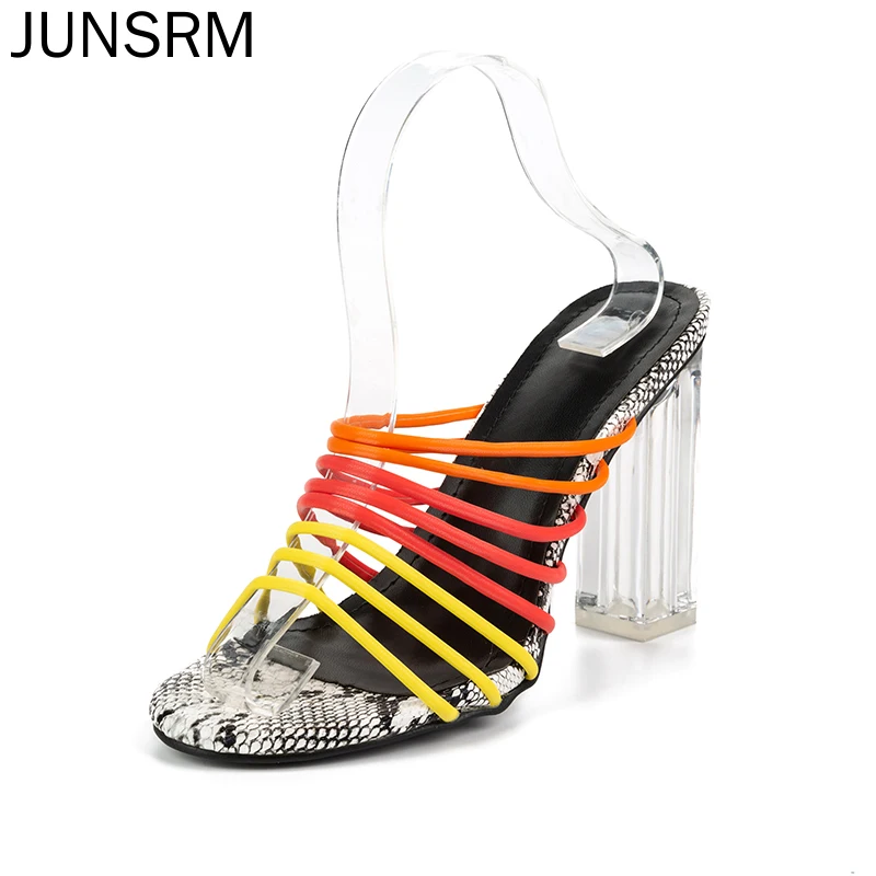 

Fashion sexy multi snake print sandals women open toed mixed color transparent block heel sandals crystal slippers pumps Woman