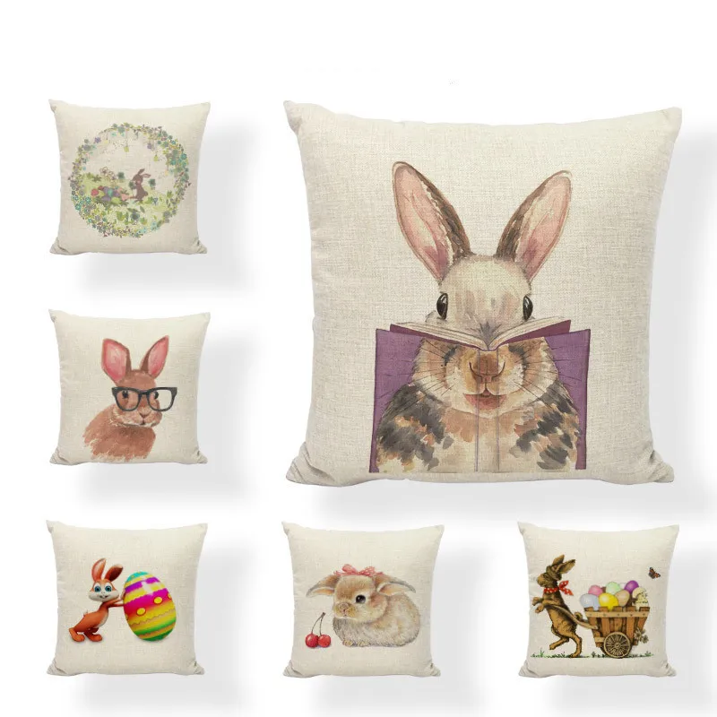Pillowcase Color Rabbit Oil Painting Linen Hug Children's room Decoration Car Sofa Waist Pad Cover | Дом и сад