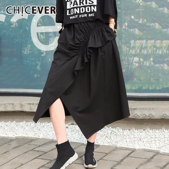 

CHICEVER Drawstring Ruched Skirt For Women High Waist Pockets casual Asymmetric Midi Summer Skirts Female Korean Fashion 2020