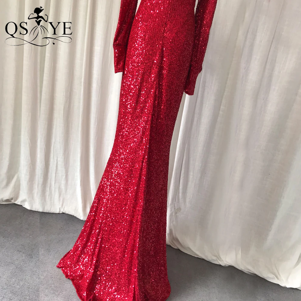 Long Sleeves Red Evening Dress Fitted Mermaid Sequin Evening Gown Glitter Sexy V Neck Party Dress Sparkle Ruched Formal Gown white prom dress