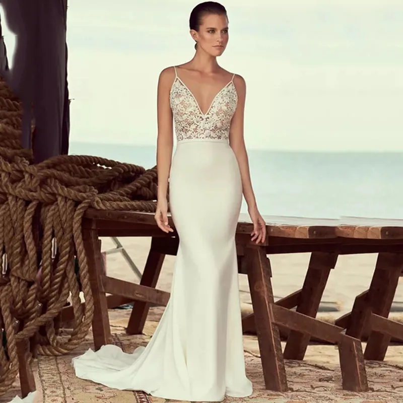 Eightree Boho Свадебные платья Русалка V шеи свадебное платье без рукавов Vestido De Noiva Кружева Аппликации с открытой спиной Свадебные платья
