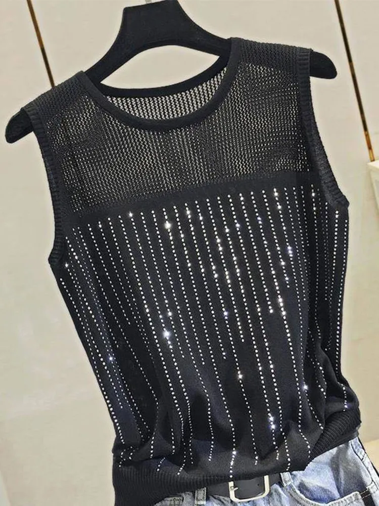 Top corto y Sexy para mujer, Camiseta básica sin mangas con agujeros brillantes, Chaleco Ajustado con espalda abierta, ropa para mujer - Image 5