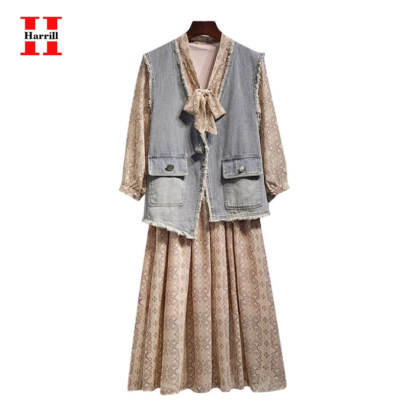 

Casual Chiffon Dress Womens High Waist Print Mid-Calf Dress Women Clothing Bow Lacing Up V-Neck A-line Pleated Dresses Autumn