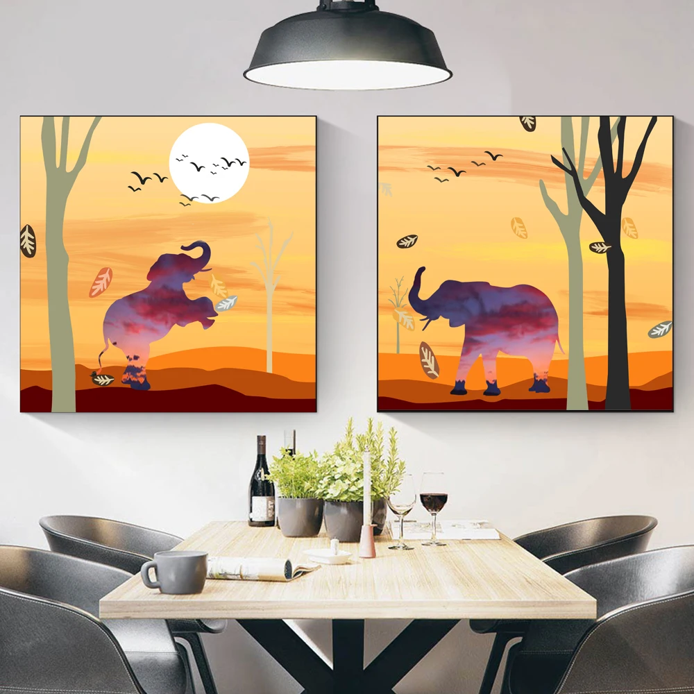 

Nordic Style A Pair Of Happy Little Elephants Decorative Painting Art Canvas Picture On Wall For Livingroom Decor