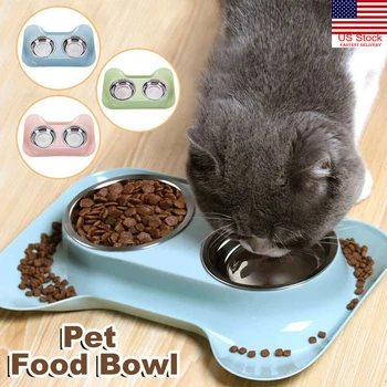 

Pet Cat Dog Double Bowl Pet Feeder Stainless Steel + Plastic Non Slip Safety Material Water Food Container