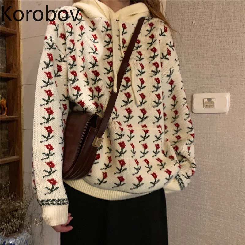 Korobov Новое поступление Sueter Mujer корейский стиль преппи цветок вышивка свитер с капюшоном пуловер карманы свободный джемпер 78914