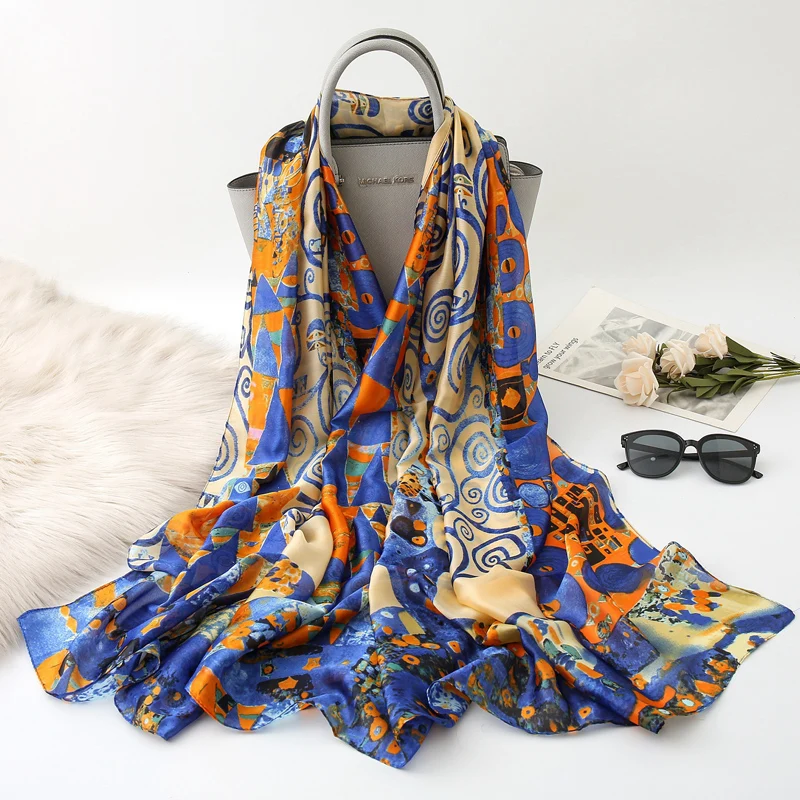 Visual Axles Gustav Klimt Oil Painting Silk Scarf The Tree Of Life Shawl Foulard for Women Bandana Spring Scarves 4
