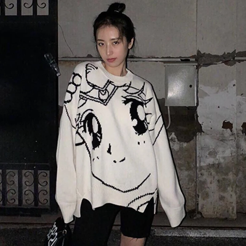 

Knitted O-Neck Pullovers Sweater Casual Autumn Winter Loose Over Sized Long Sleeve Streetwear Pattern Preppy Warm Lazy W126